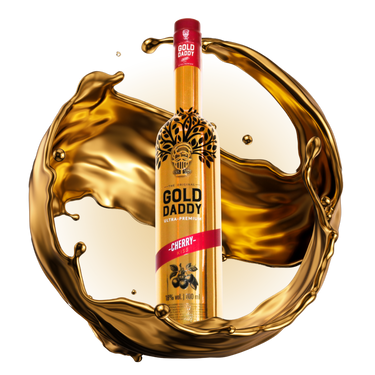 Branded Gold Daddy Cherry Kiss bottle with a golden wave effect