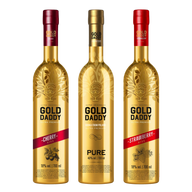 Three branded Gold Daddy vodka bottles alongside cherry and strawberry liqueurs