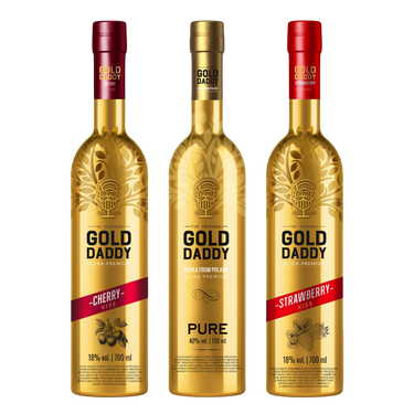 Three branded Gold Daddy vodka bottles alongside cherry and strawberry liqueurs