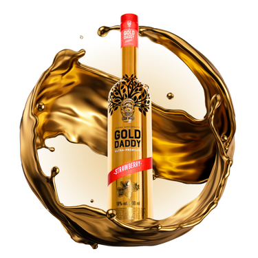 Branded Gold Daddy Strawberry Kiss bottle with a golden wave effect