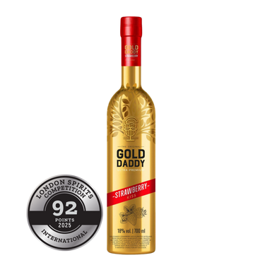Branded Gold Daddy Strawberry Kiss bottle with a silver medal