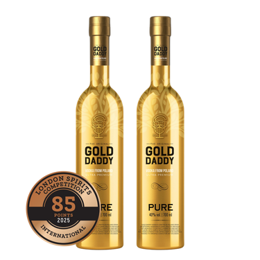 Two Gold Daddy vodka bottles with a bronze medal