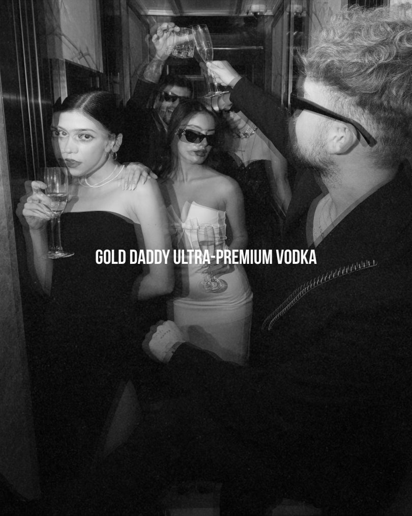 Black and white image of a "golden youth" party with Gold Daddy drinks