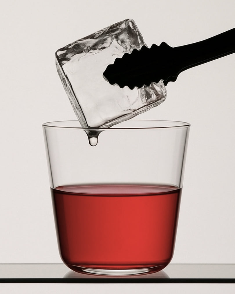 Negroni cocktail in a glass with tongs holding ice above the glass, close-up